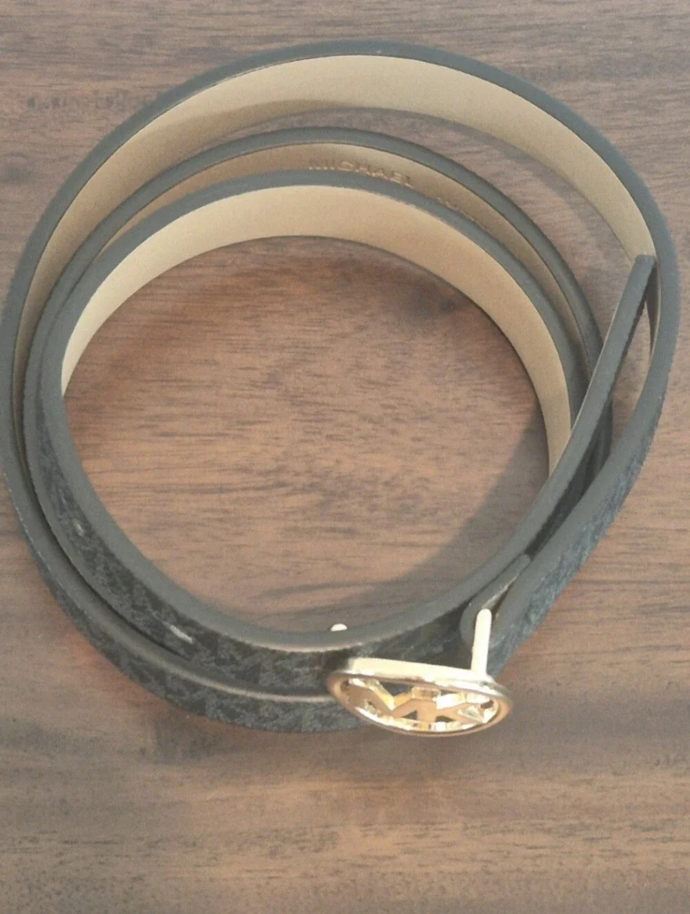 Authentic Michael Kors women Gray logo belt gold buckle 42in .